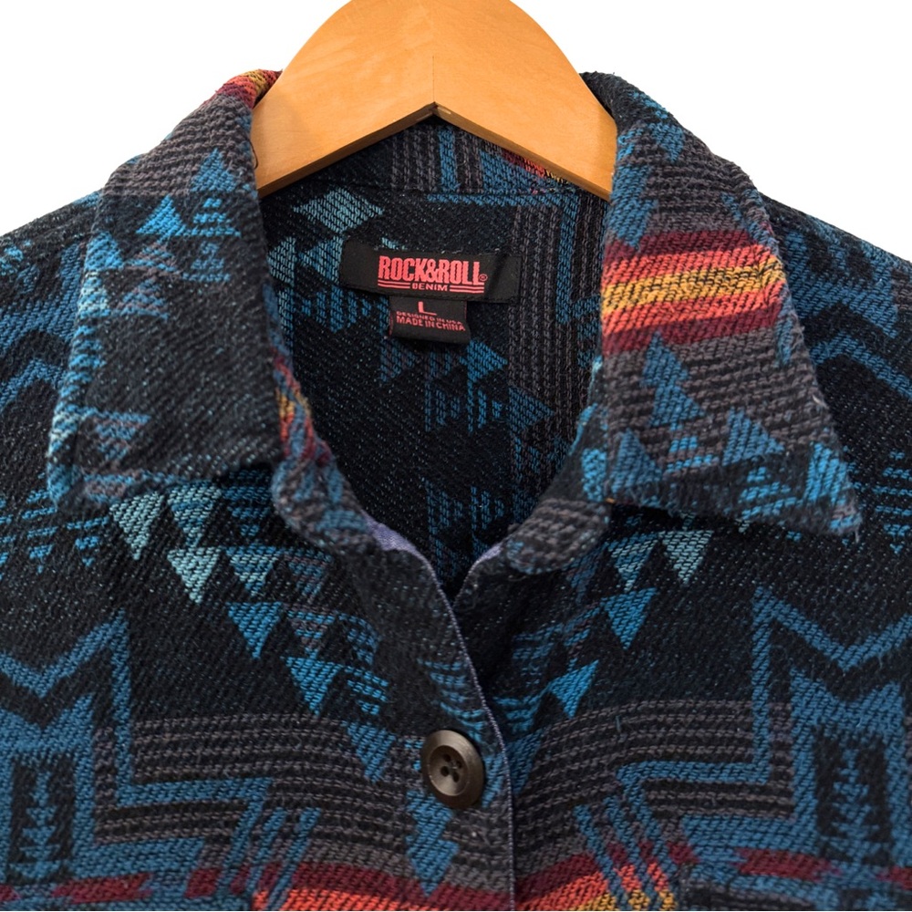 Rock & Roll Denim Western Aztec Button-Up Shirt Jacket, Size L Shacket Cowgirl - Picture 9 of 10